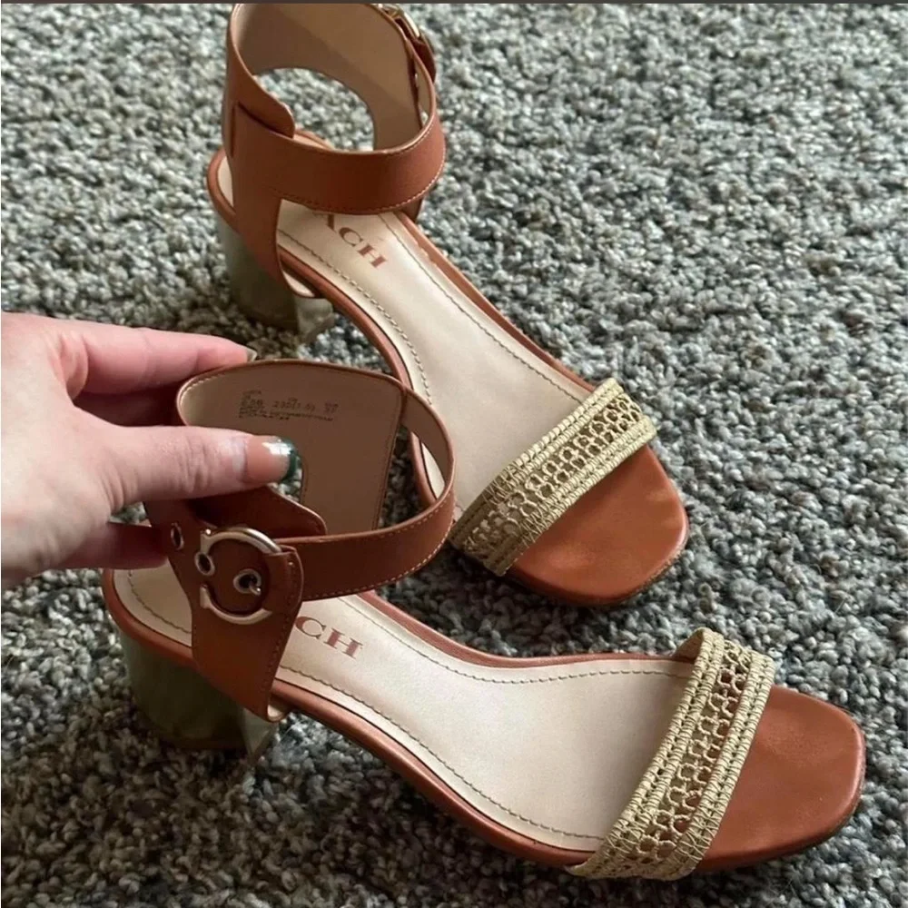 Coach Women's Tan and Gold Heeled Sandals - Picture 1 of 3